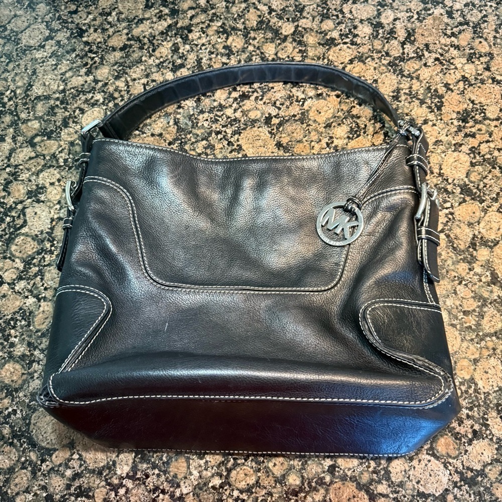Michael Kors Black Leather Shoulder Bag with Silver Logo Charm